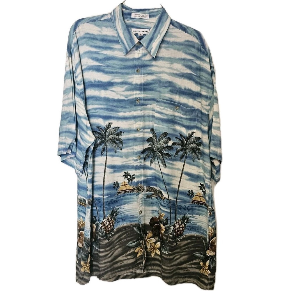 Pierre Cardin Mens‎ Hawaiian Shirt Large Tropical Blue Palm Trees EUC